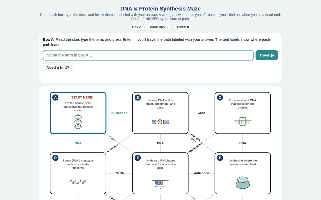 Interactive DNA and protein synthesis maze in a browser