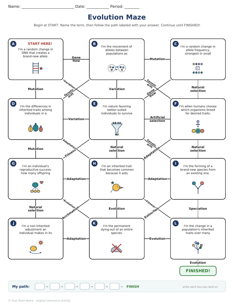 Printable evolution maze student page