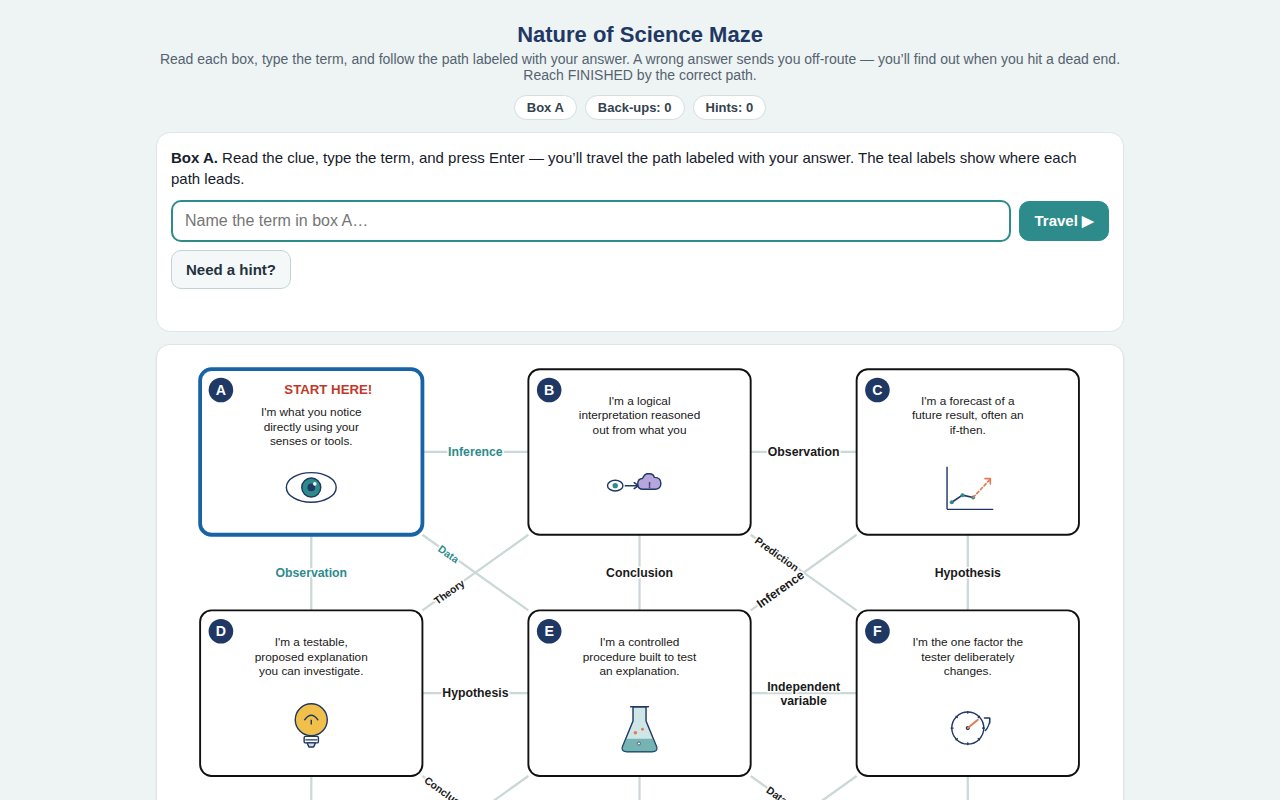 Interactive nature of science maze in a browser