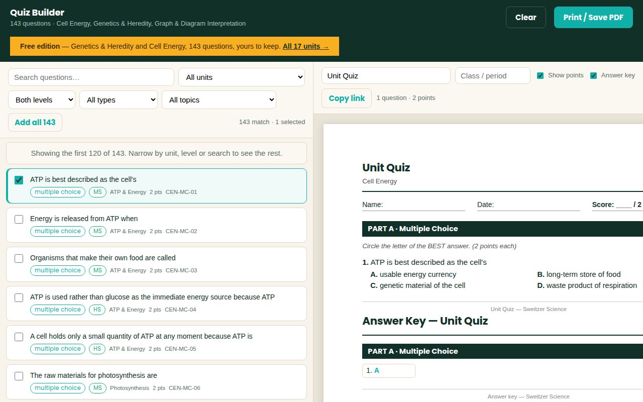 Quiz Builder screenshot: questions on the left, the test building itself on the right