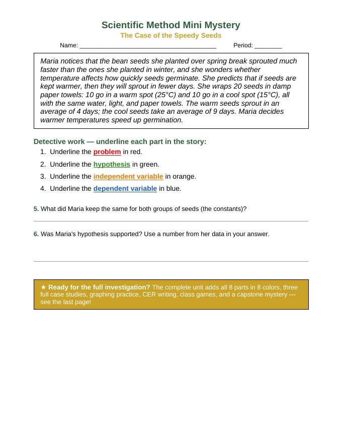 Worksheet page: The Case of the Speedy Seeds